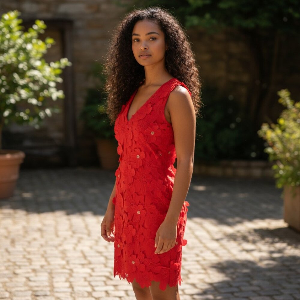 Women's Dresses' Designer Michael Kors Red Lace Pattern V Neck Shift Dress XS - Picture 11 of 11